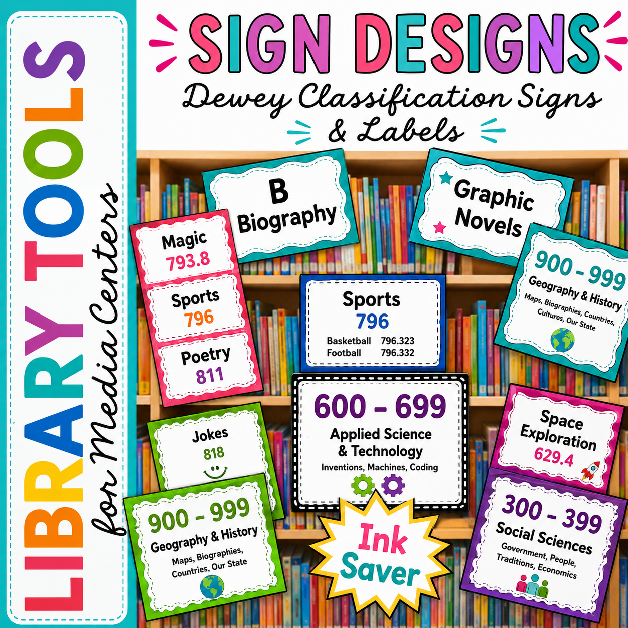 School Library Decor | Dewey Decimal Posters, Fiction & Nonfiction Signs, and Library Labels