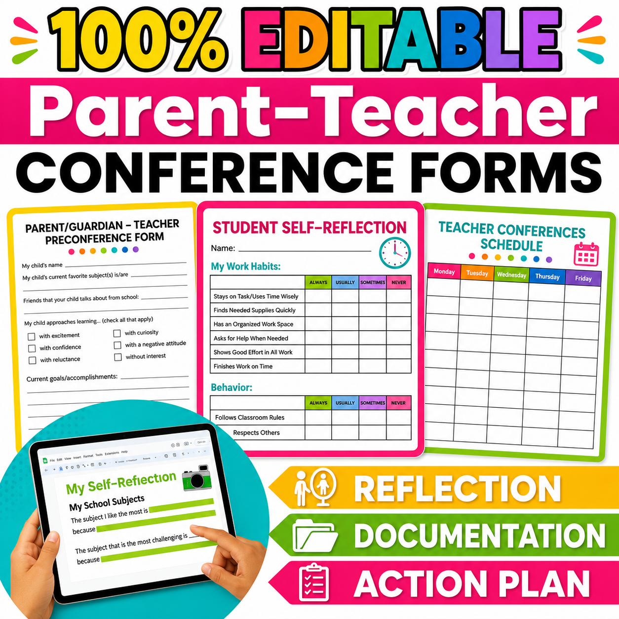 Editable Parent-Teacher Conference Forms | Notes, Reminders, Self-Reflection & Communication Templates