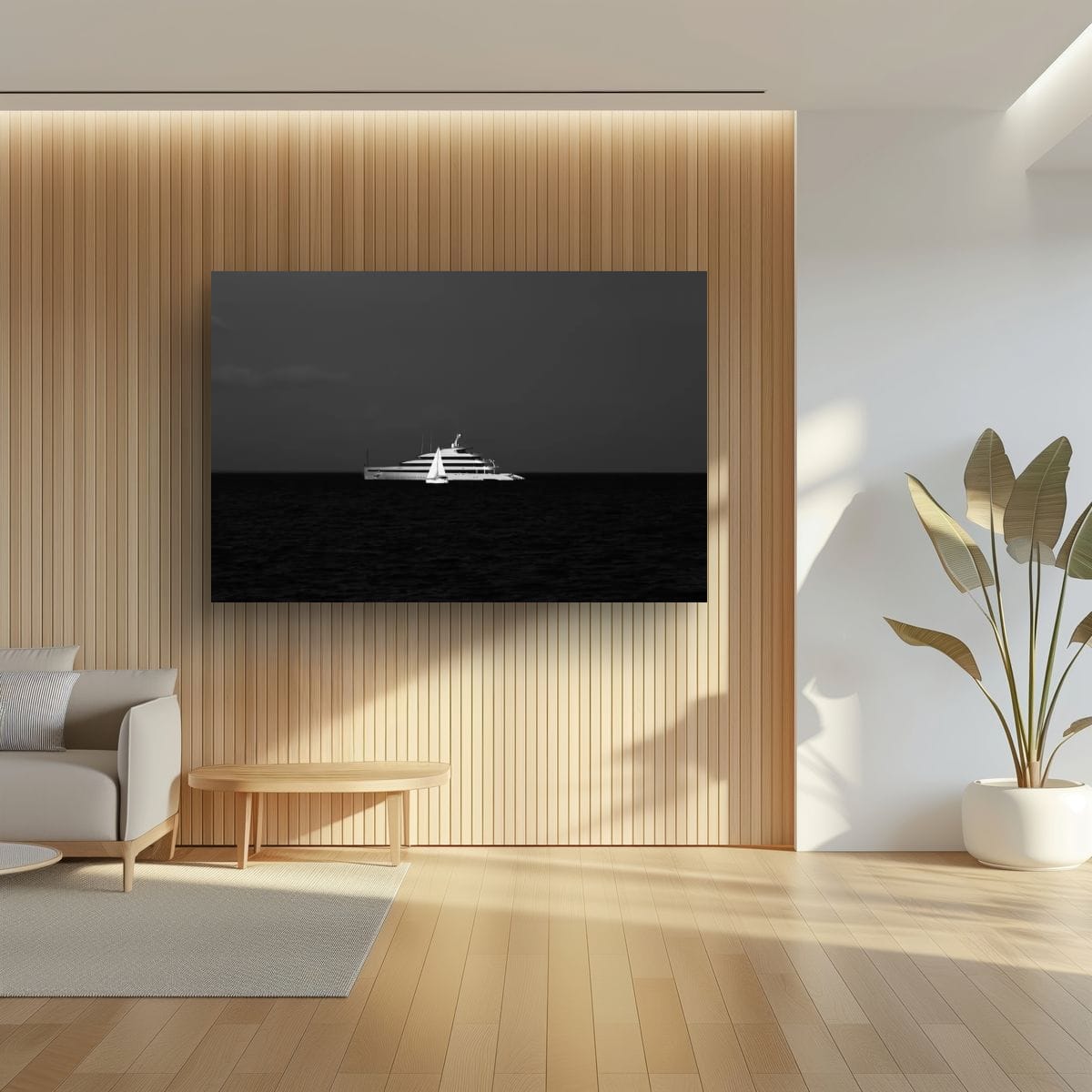 A massive horizontal canvas print of the monochrome maritime photograph Parallel Journeys hangs on a light slatted-wood wall in a sunlit, minimalist living room next to a potted palm.