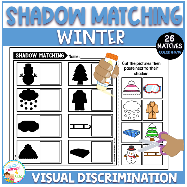 Winter Shadow Matching Cut and Paste Worksheets | Visual Discrimination ...