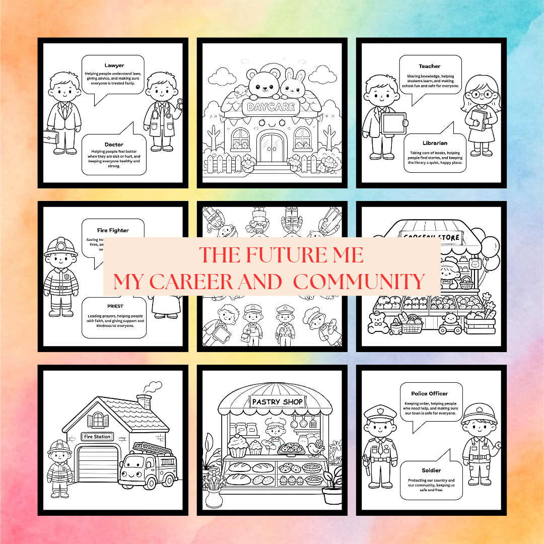 Dream Big. Color Bright. Discover Your Future!    Introduce young learners to exciting careers and the amazing people who help make every community a better place. The Future Me: Career & Community Coloring Book features adorable illustrations that inspir