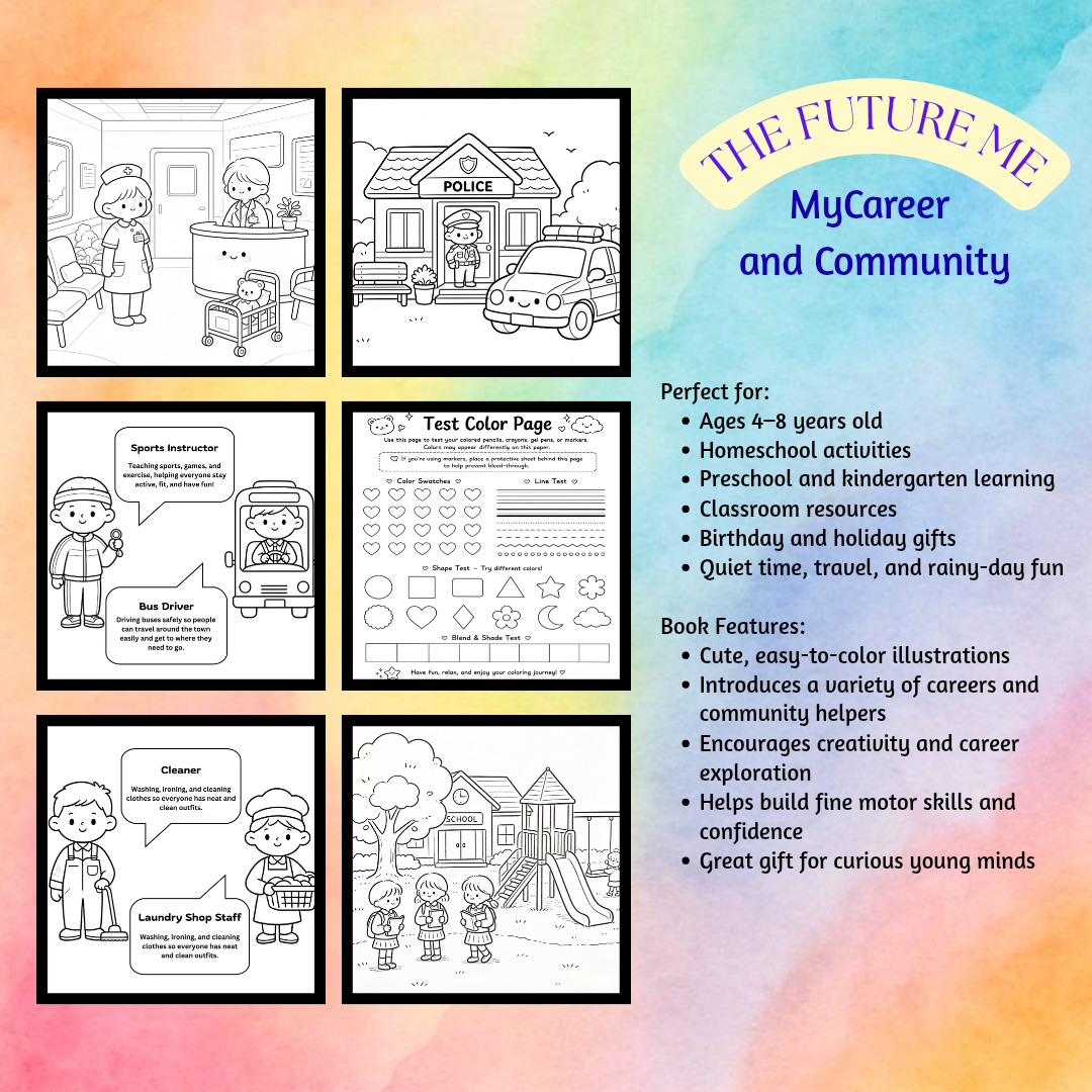 Dream Big. Color Bright. Discover Your Future!    Introduce young learners to exciting careers and the amazing people who help make every community a better place. The Future Me: Career & Community Coloring Book features adorable illustrations that inspir