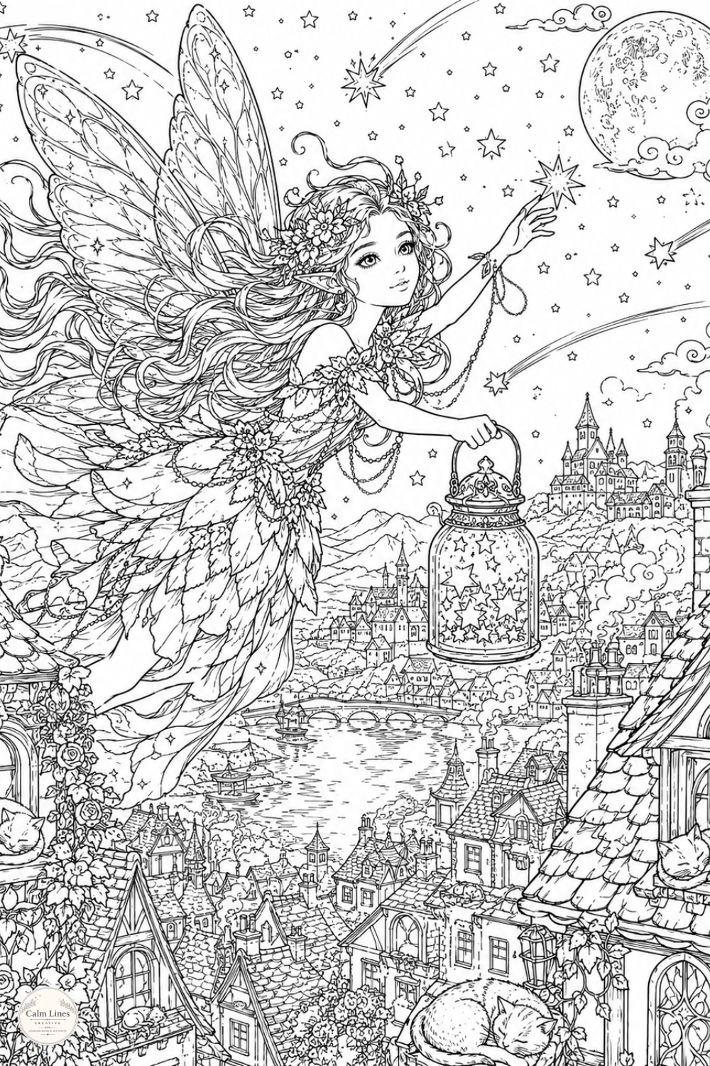 Fantasy fairy coloring page with moonlit village, lantern, stars and intricate line art