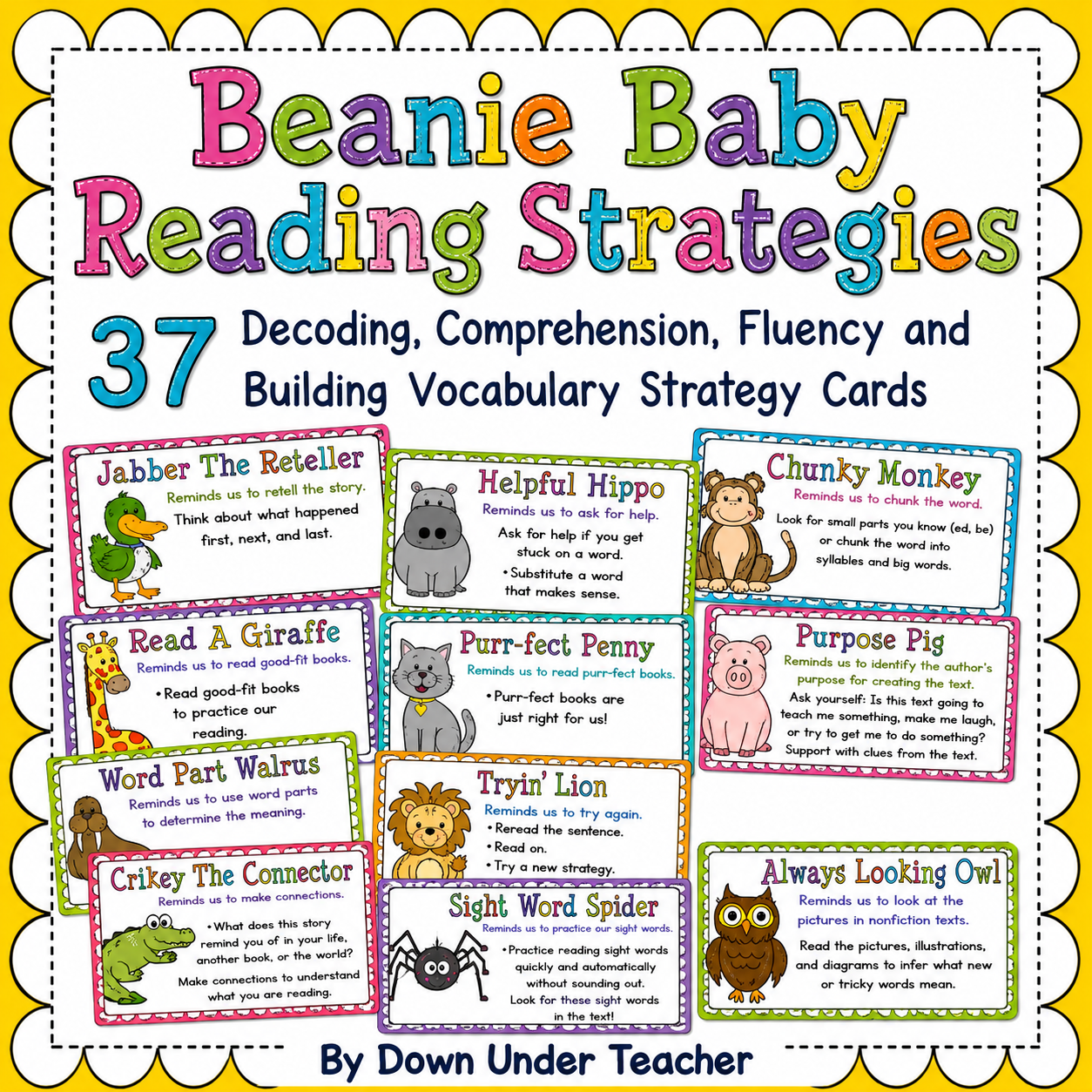 Beanie Baby Reading Strategy Cards | Decoding, Comprehension, Fluency & Vocabulary