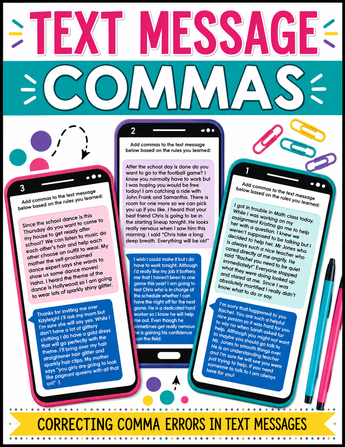 Comma Task Cards & Poster | Correcting Comma Errors in Text Messages