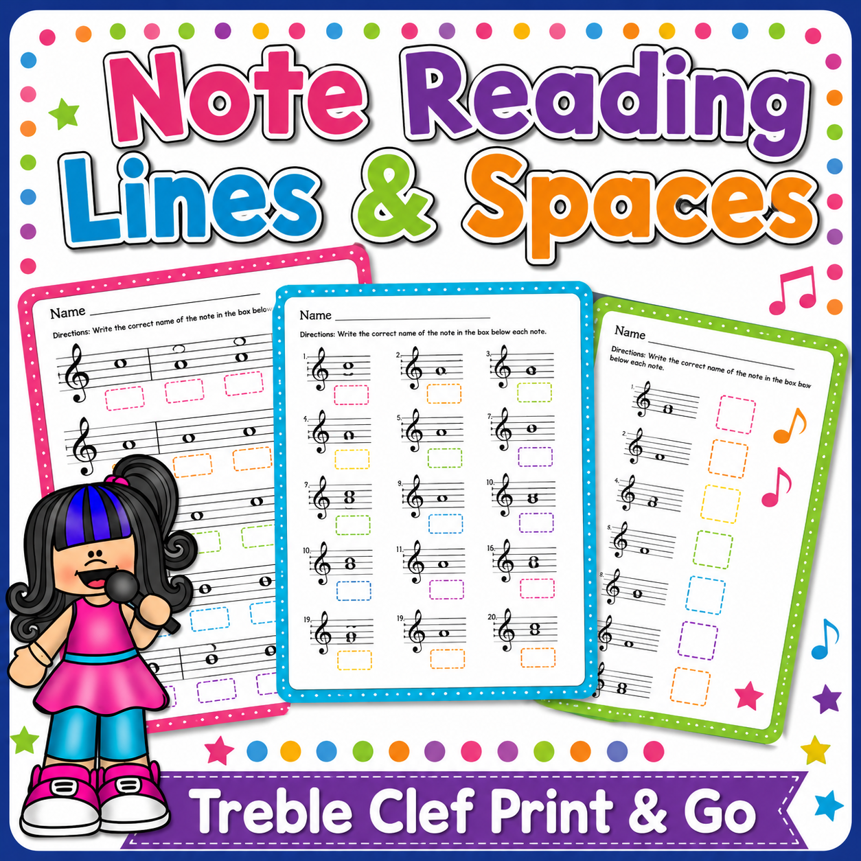 Music Worksheets | Treble Clef Note Reading, Lines & Spaces Assessments