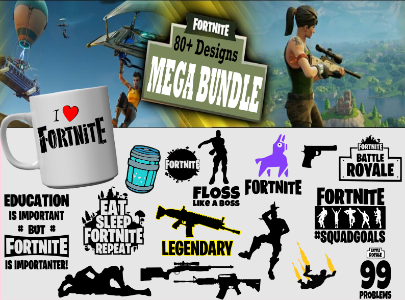 Large Fortnite SVG bundle featuring battle royale inspired designs, gamer quotes, emotes, weapons and printable graphics
