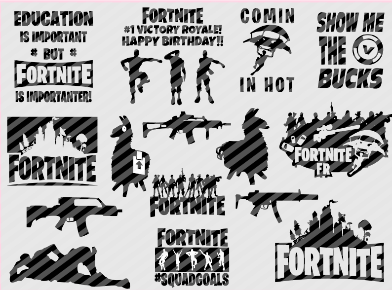 Battle royale inspired SVG collection with gamer emotes, gaming weapons, victory designs and printable PNG files