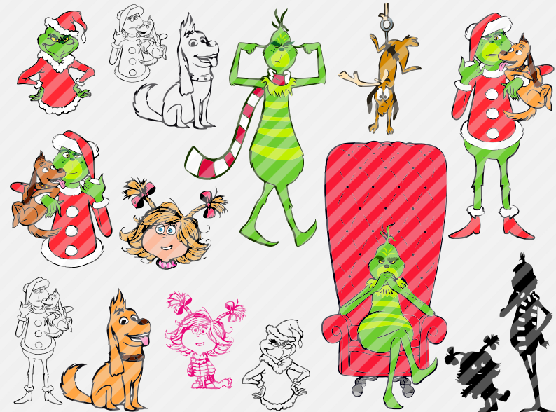 Christmas character SVG bundle featuring holiday clipart, Christmas trees, ornaments and festive artwork