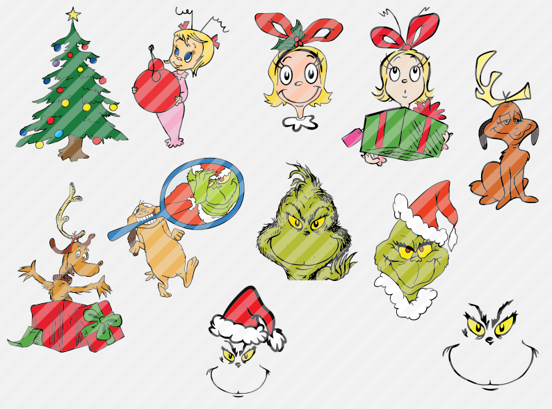 Christmas Grinch SVG bundle featuring holiday character faces, Christmas illustrations and festive clipart designs