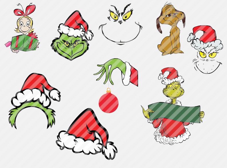 Grinch Christmas SVG files with holiday quotes, ornaments, festive graphics and Christmas craft designs