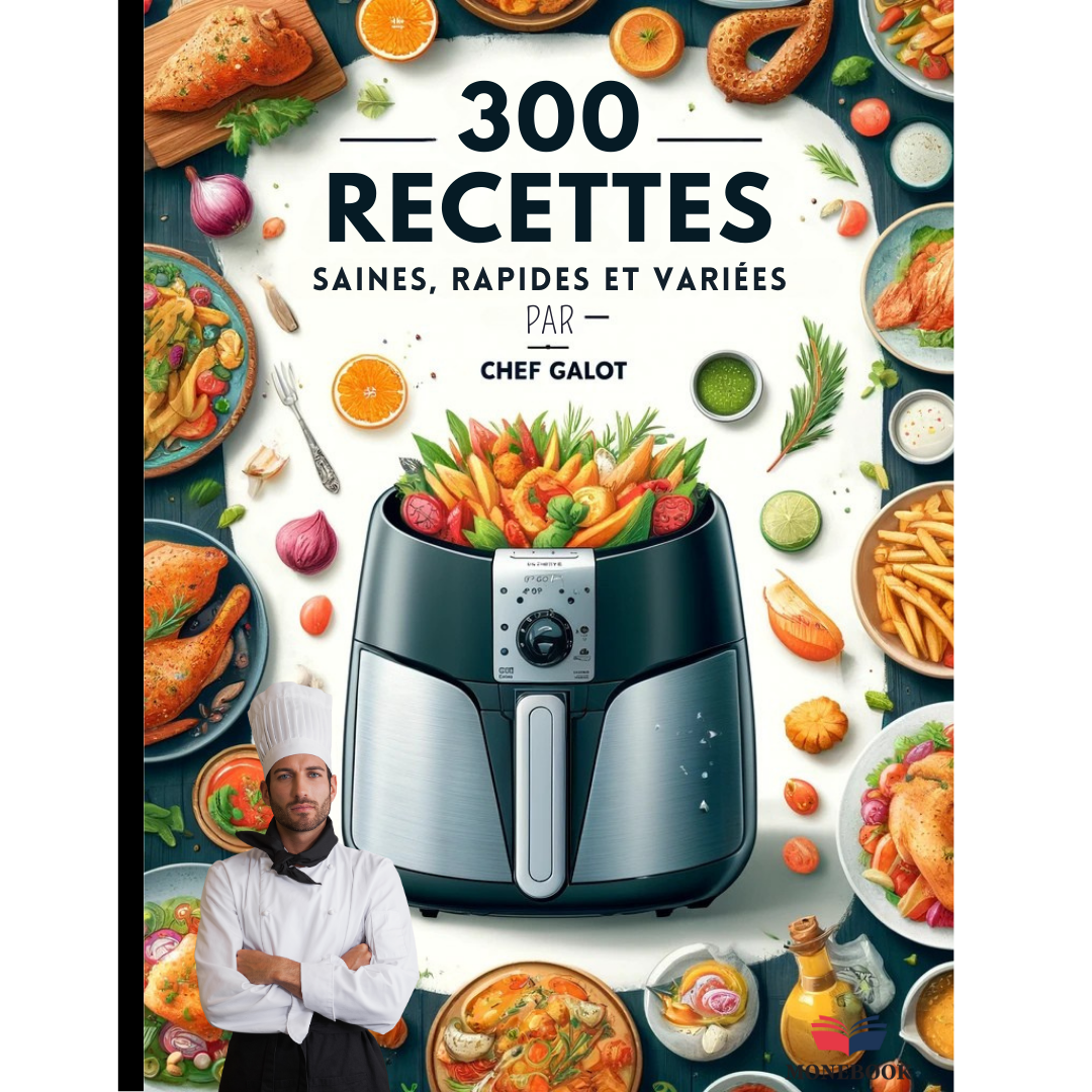 Couverture ebook 300 recettes saines, rapides et variées pour Air Fryer avec plats gourmands, légumes, viandes, desserts et friteuse sans huile.