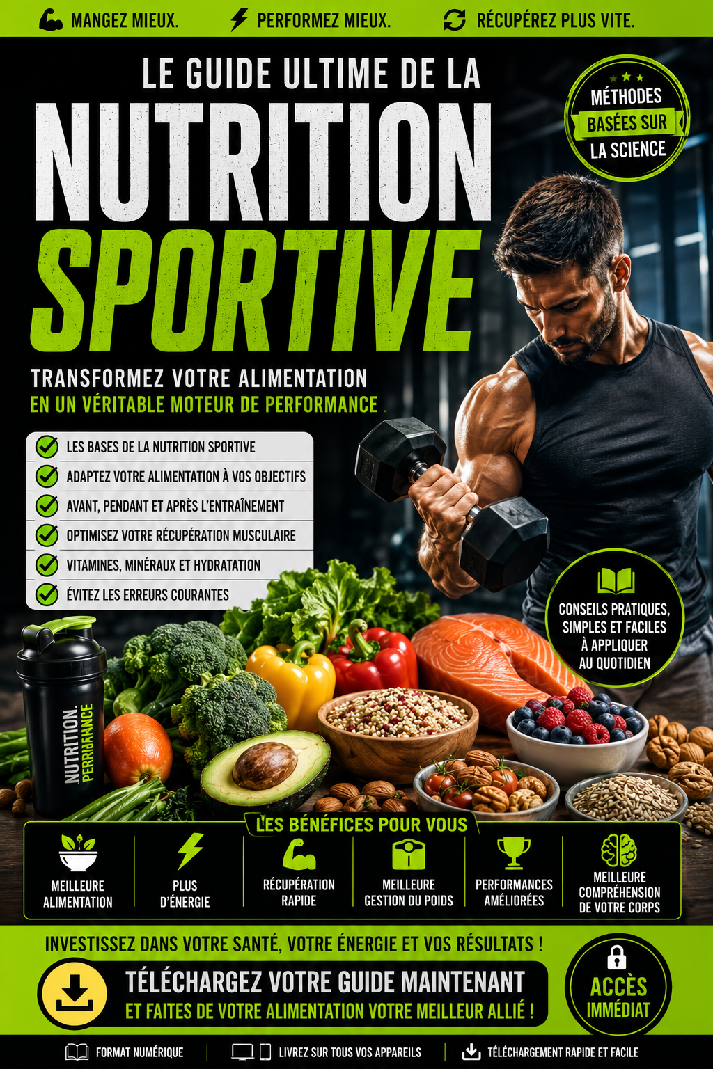 Le Guide Ultime de la Nutrition Sportive, eBook sur l’alimentation sportive, la performance, l’énergie, la récupération musculaire et l’optimisation des résultats sportifs.