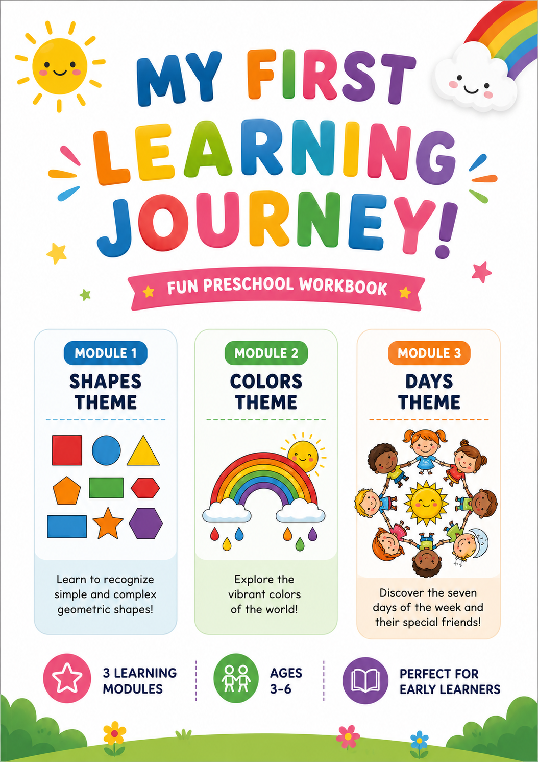 Colorful preschool learning workbook featuring shapes, colors, days of the week, daily activity worksheets, and educational exercises for young children.