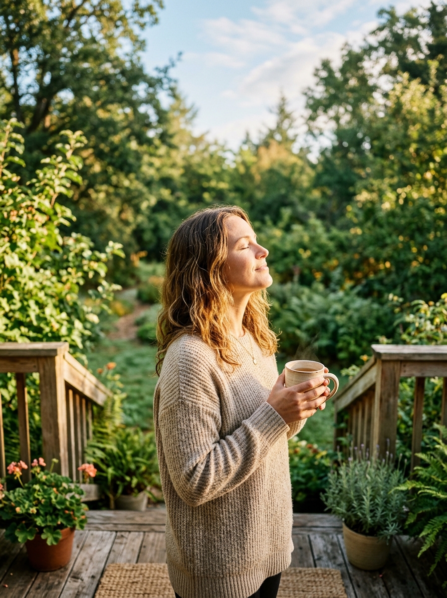 A person standing outdoors in morning sunlight with eyes closed and a warm drink in hand, demonstrating the practice of early morning light exposure as a science-backed sleep hygiene habit for resetting the circadian clock.