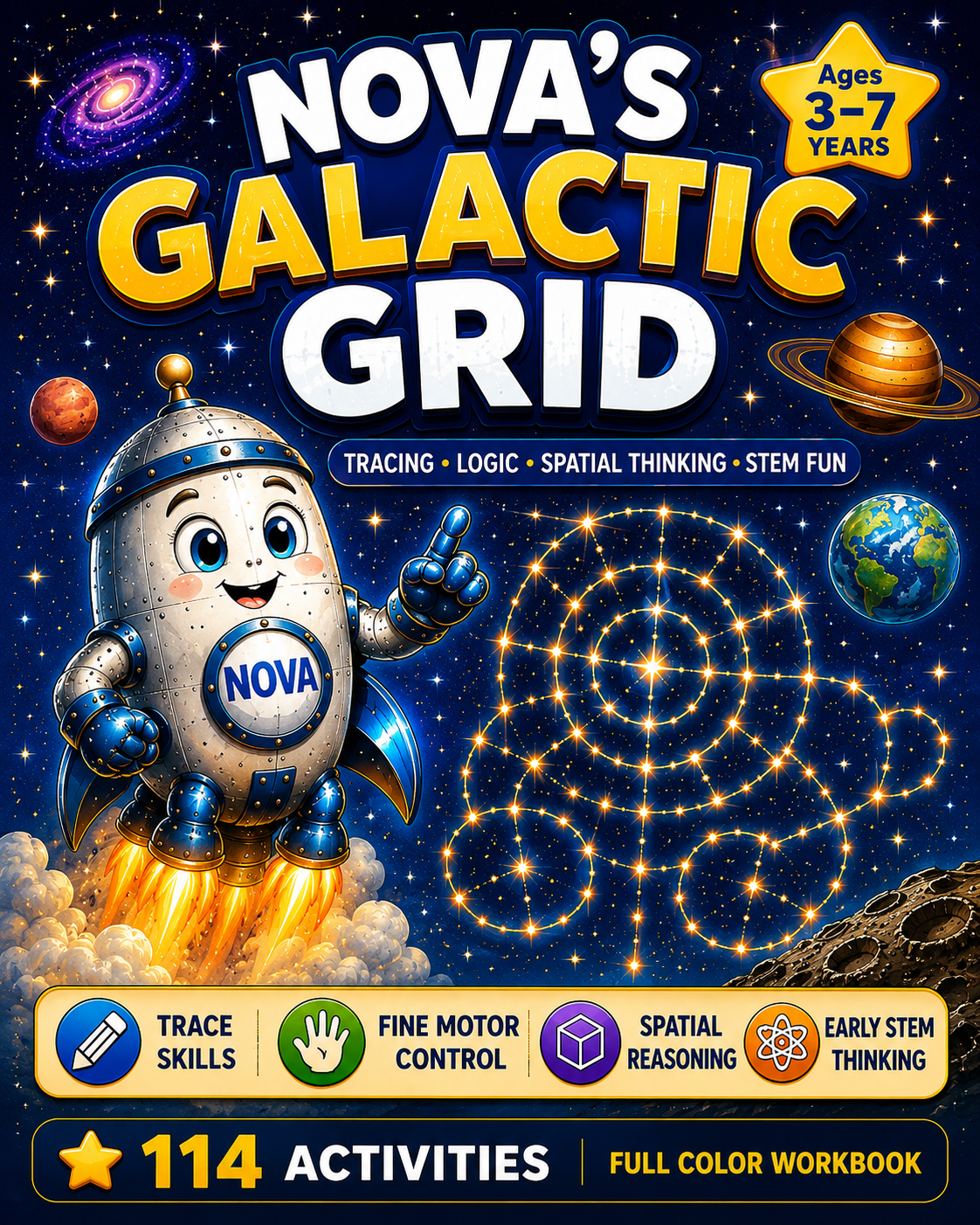 preschool tracing book for 2 to 7 year children in story-led space theme format