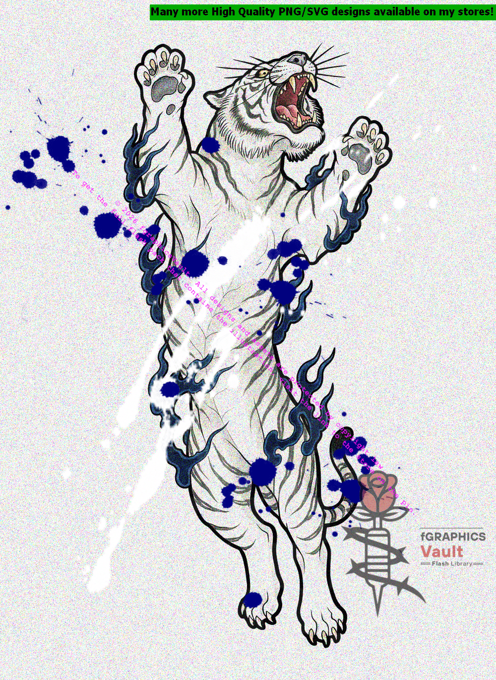 White ghost Japanese tiger tattoo flash rearing on hind legs with both front paws raised and claws spread, dark indigo spirit flames spiraling along the body, mouth open in full roar — on white background