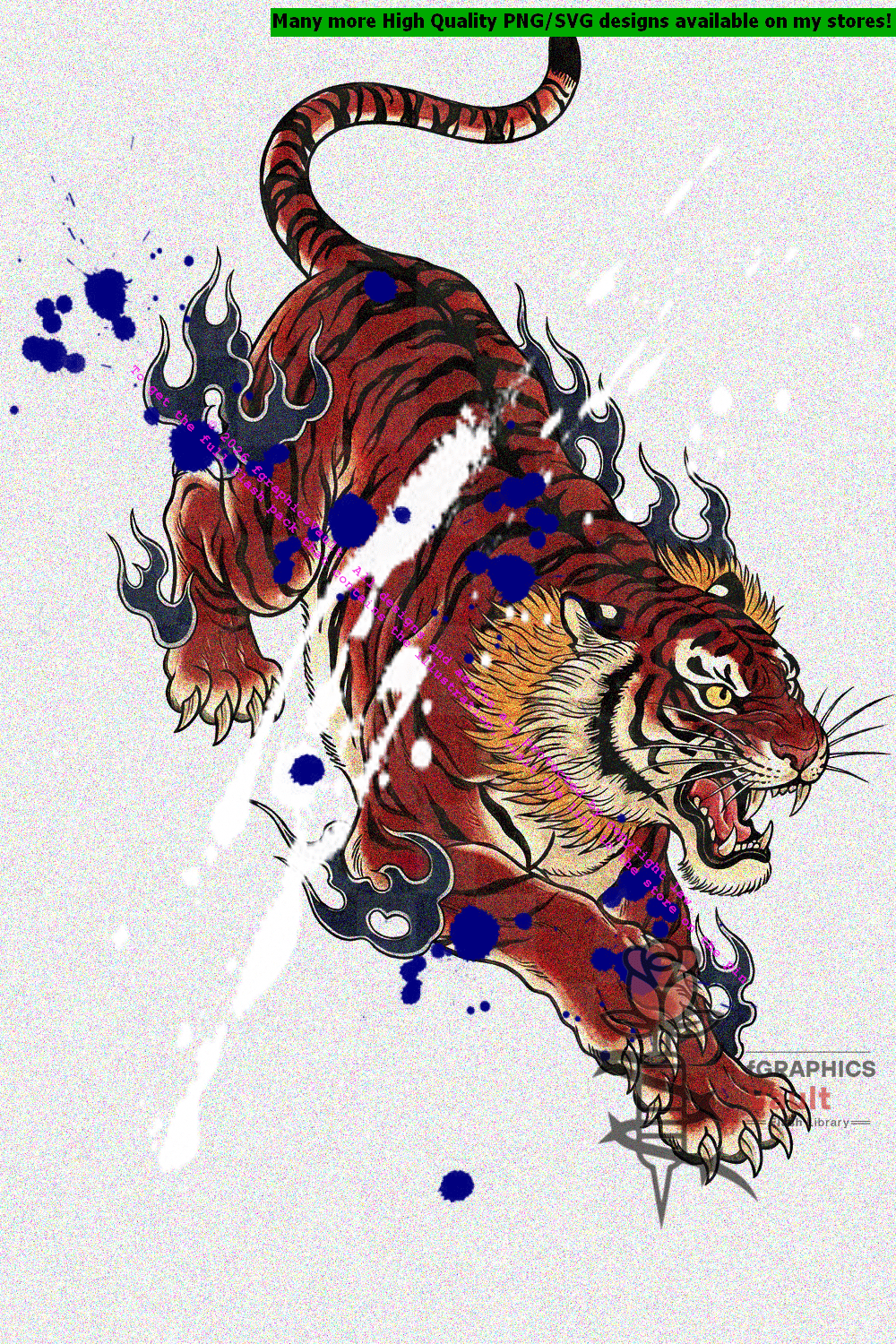 Red Japanese tiger tattoo flash in descending attack pose with blue spirit flame wisps, raised front claws, open snarling mouth, and a high-arching striped tail — irezumi style on white background