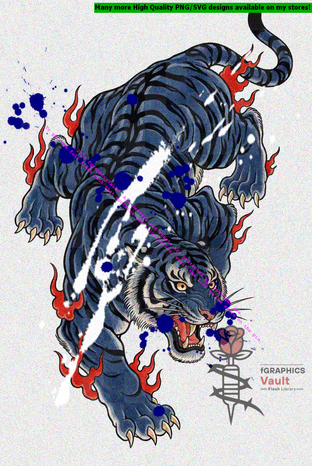 Japanese tiger tattoo flash with wild burning orange flame mane, stalking forward in side profile, teal spirit flame wisps at hindquarters, long curved black-striped tail — irezumi style on white background
