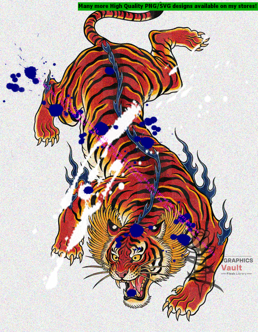 Golden amber Japanese tiger tattoo flash descending from dark rock formation in long stalking pose, head turned to face the viewer, dark navy claw-slash speed lines behind — traditional irezumi style on white background