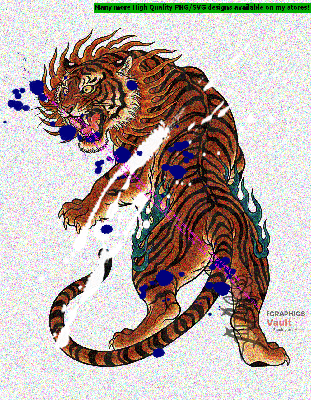 Orange and red Japanese tiger tattoo flash charging downward toward viewer with all four claws extended, golden mane ruff around face, dark navy spirit flames tracing the spine, tail curled high — on white background