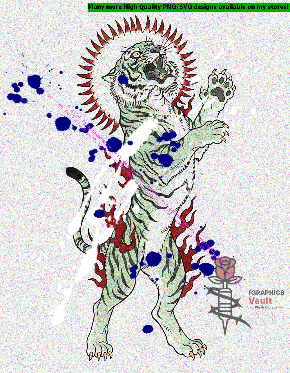 Jade celadon green Japanese tiger tattoo flash rearing upright on hind legs with one paw raised, dramatic red spiked halo ring behind the head, dark crimson flames at the base, black-tipped striped tail — on white background