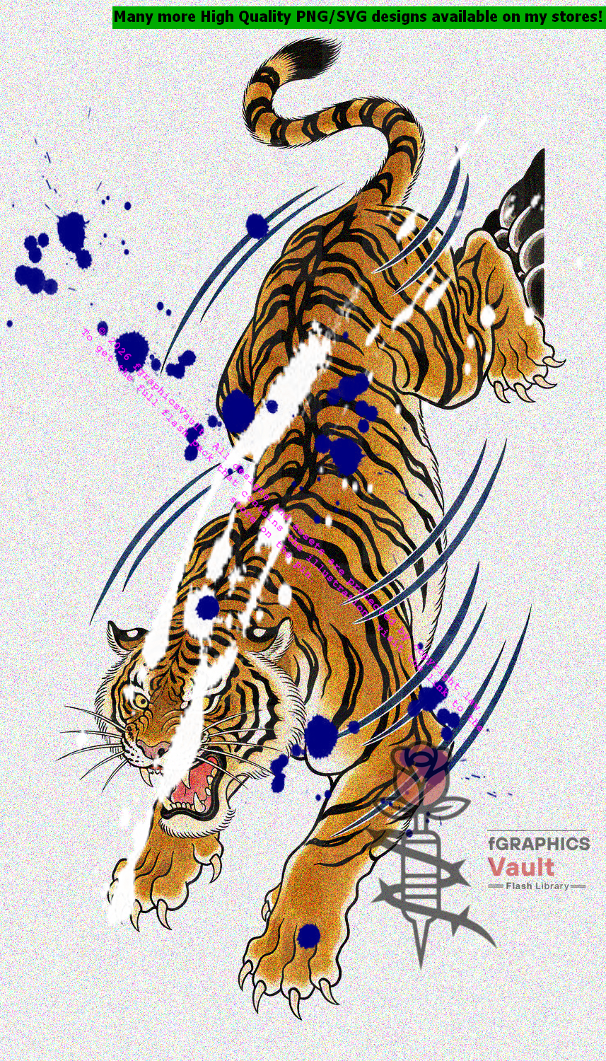 Golden amber Japanese tiger tattoo flash walking in relaxed lateral pose with bold black stripes, white facial markings, amber eyes, and long ringed tail trailing behind — clean traditional irezumi style on white background
