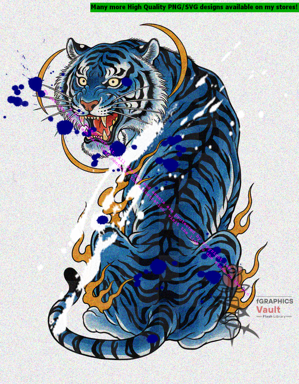 Blue Japanese tiger tattoo flash seated on clouds with crescent gold moon, orange flame accents, open roaring mouth, and detailed stripe patterning — Japanese irezumi style on white background