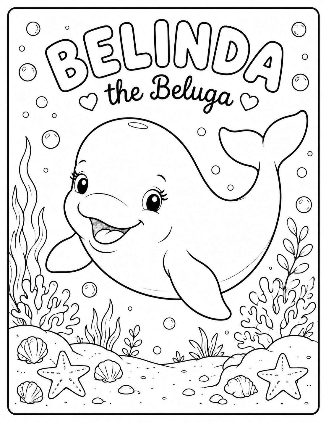 Belinda the Beluga, a smiling cartoon beluga whale swimming through a coral reef surrounded by sea plants, shells, bubbles, and ocean life in an underwater scene.