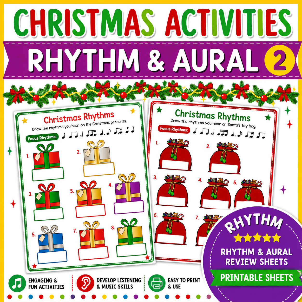 Christmas Music Worksheets | Rhythm & Aural Activities for Middle School Music