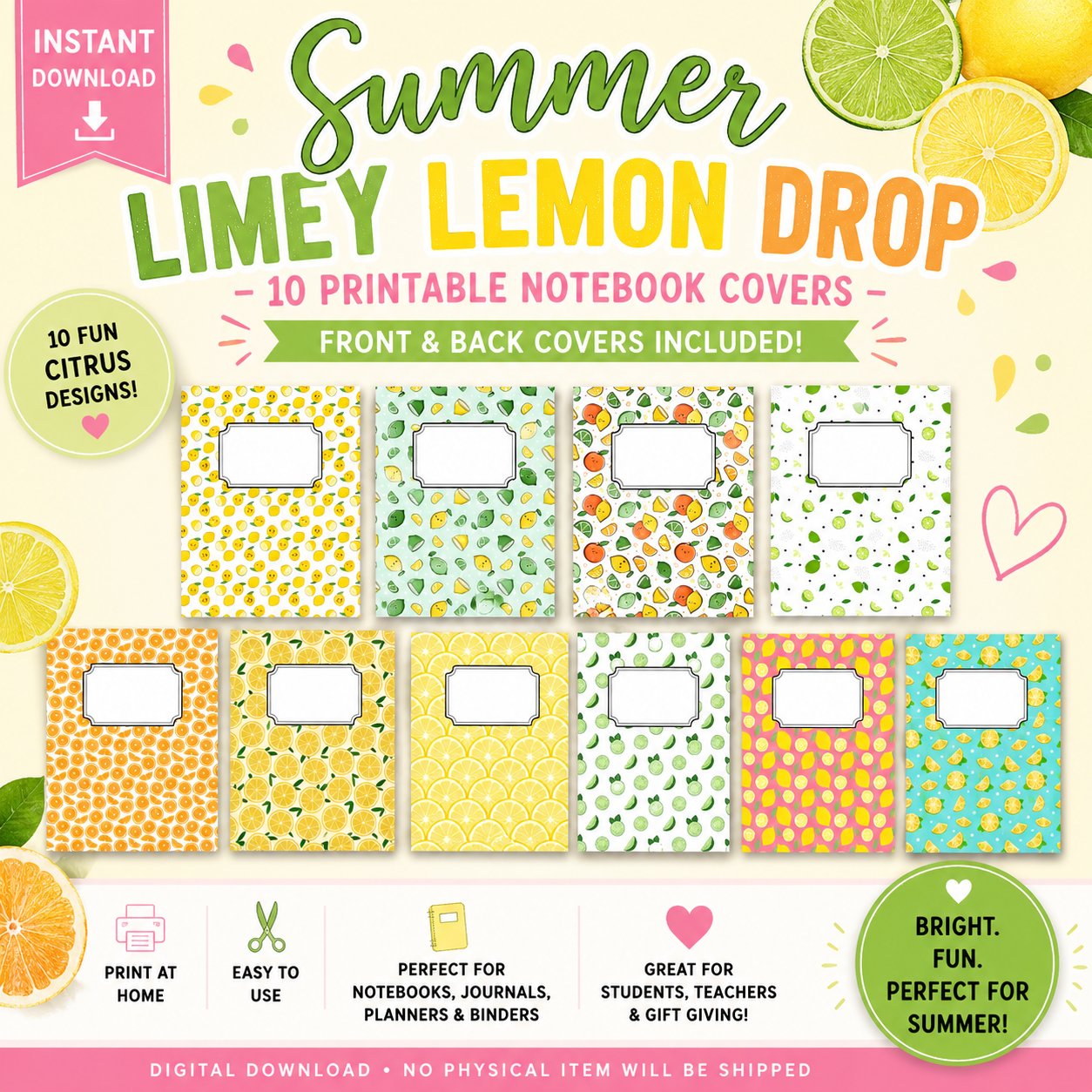 Summer Limey Lemon Drop Notebook Covers Bundle 10 Printable Citrus ...