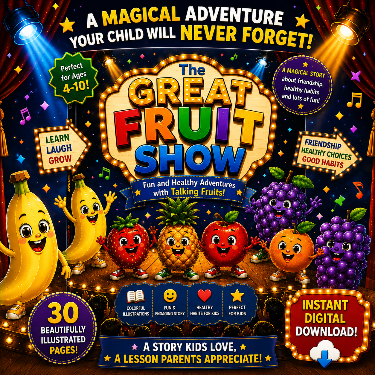 The Great Fruit Show printable educational storybook for kids ages 4 to 10 featuring healthy eating and colorful fruit characters