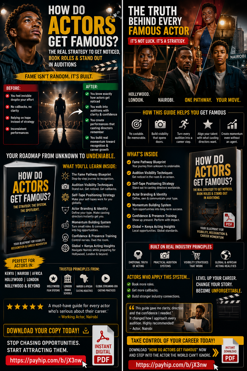 Discover how actors get famous with this practical PDF guide. Learn how to stand out in auditions, improve self tapes, get callbacks, and build visibility in Kenya and global casting markets. Perfect for actors ready to gain confidence, recognition, and book more roles.