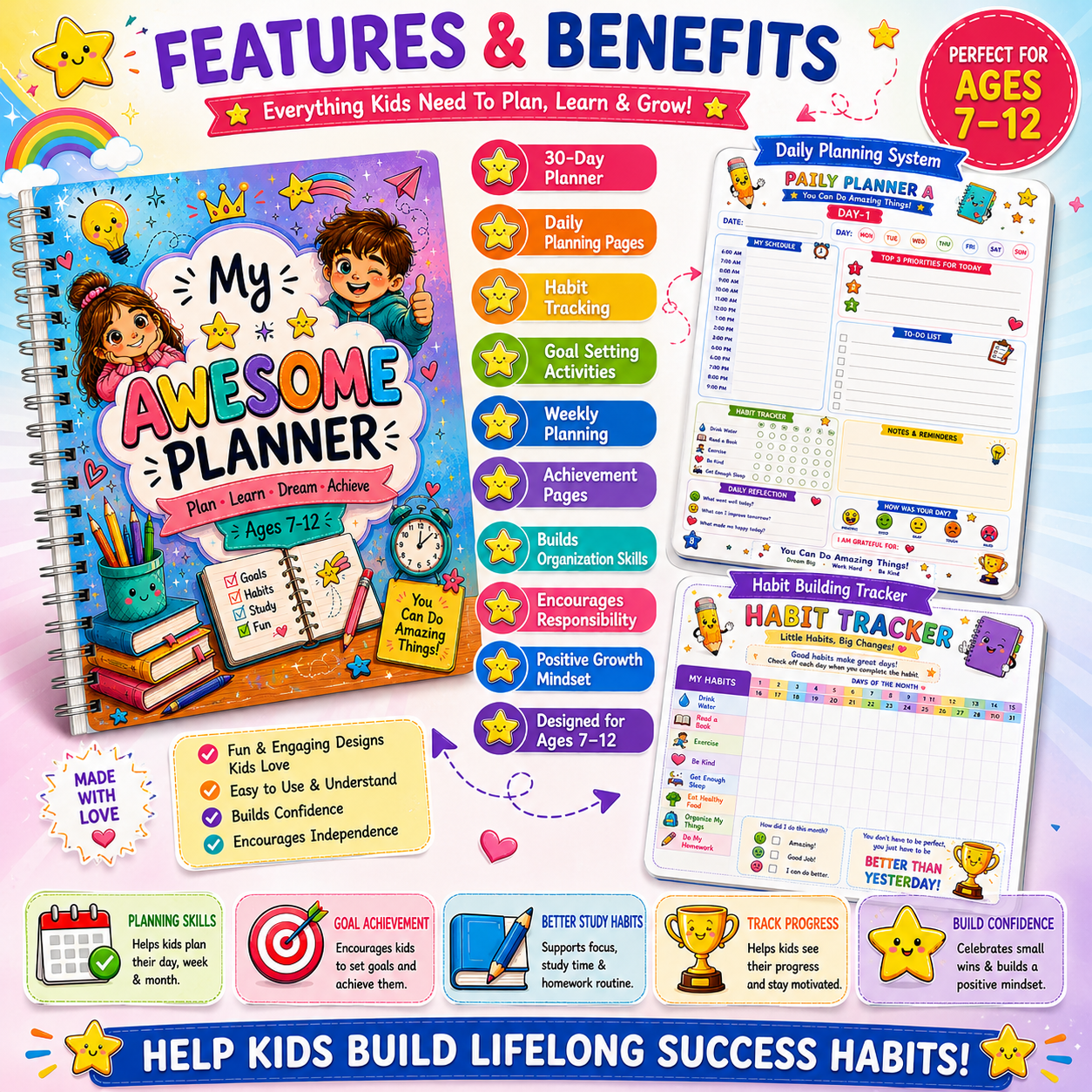 My Awesome Planner printable planner sample pages showing motivational activities, weekly planner, and daily planner pages for children