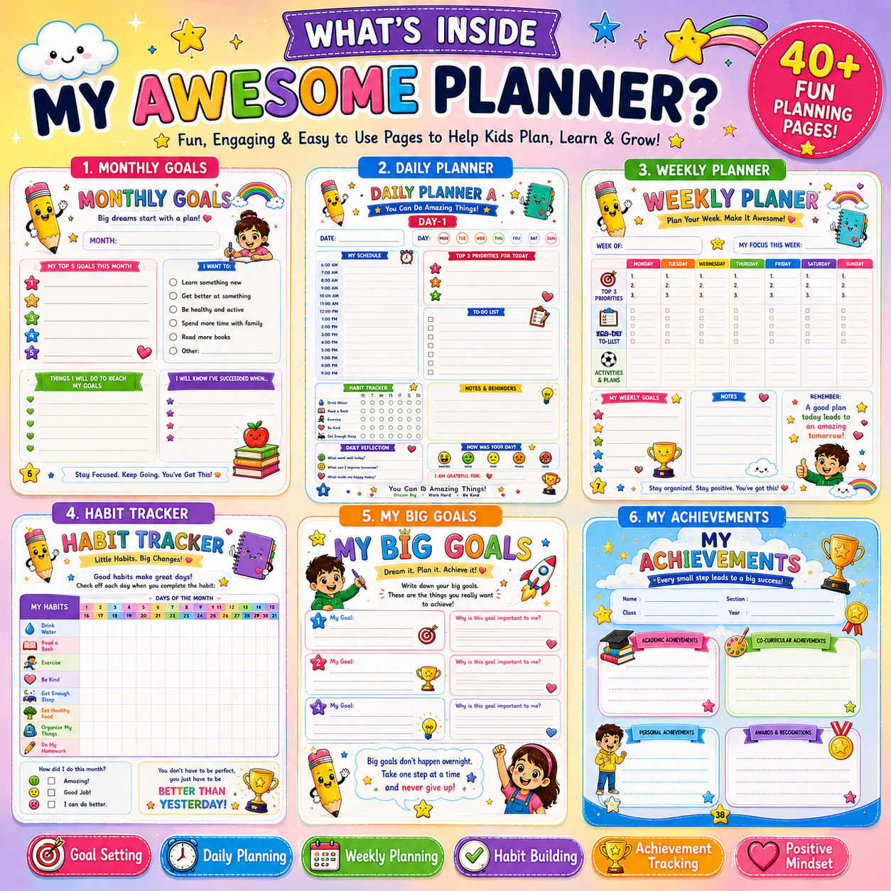 My Awesome Planner preview pages featuring goal setting, weekly planning, daily planning, and habit tracker templates for kids