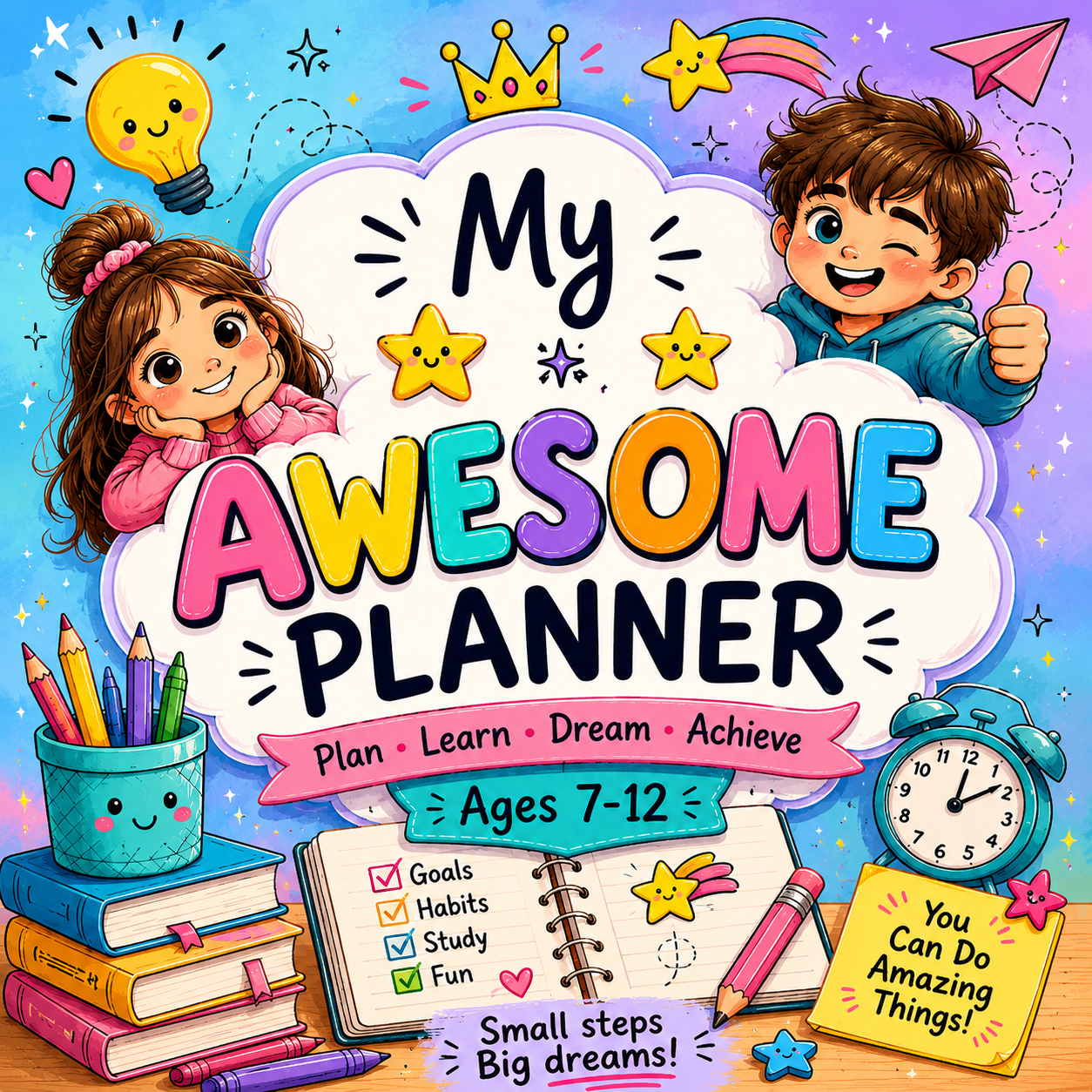 My Awesome Planner colorful printable kids planner cover designed for boys and girls ages 7 to 12