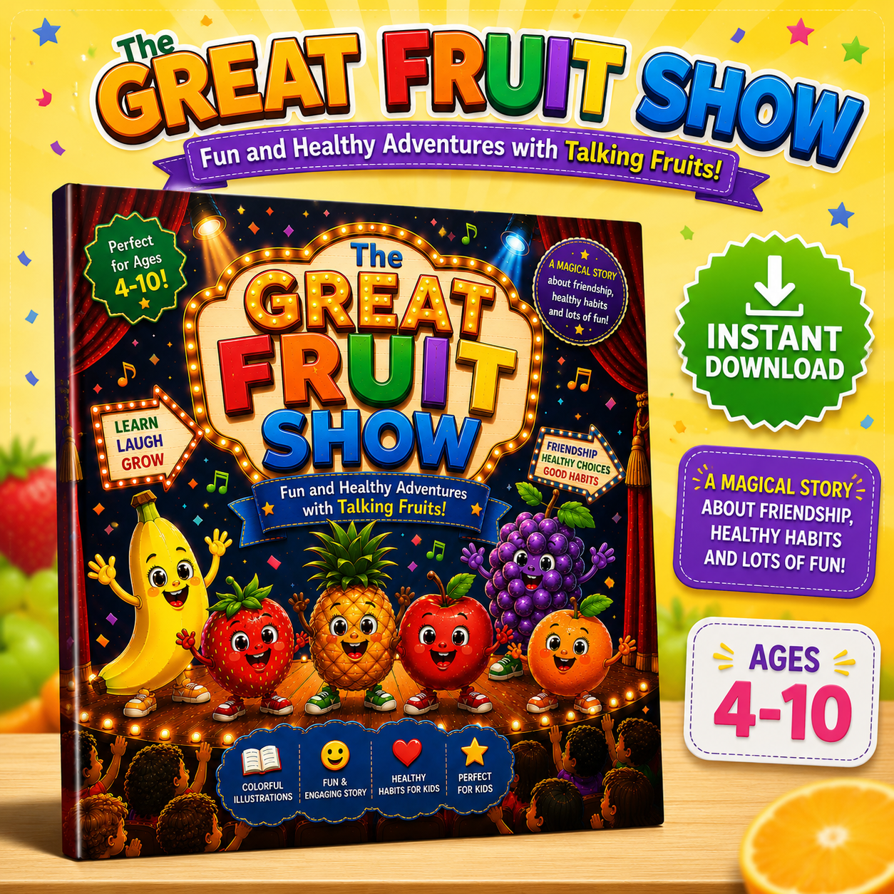 The Great Fruit Show kids storybook preview pages showing colorful educational activities and healthy fruit adventures