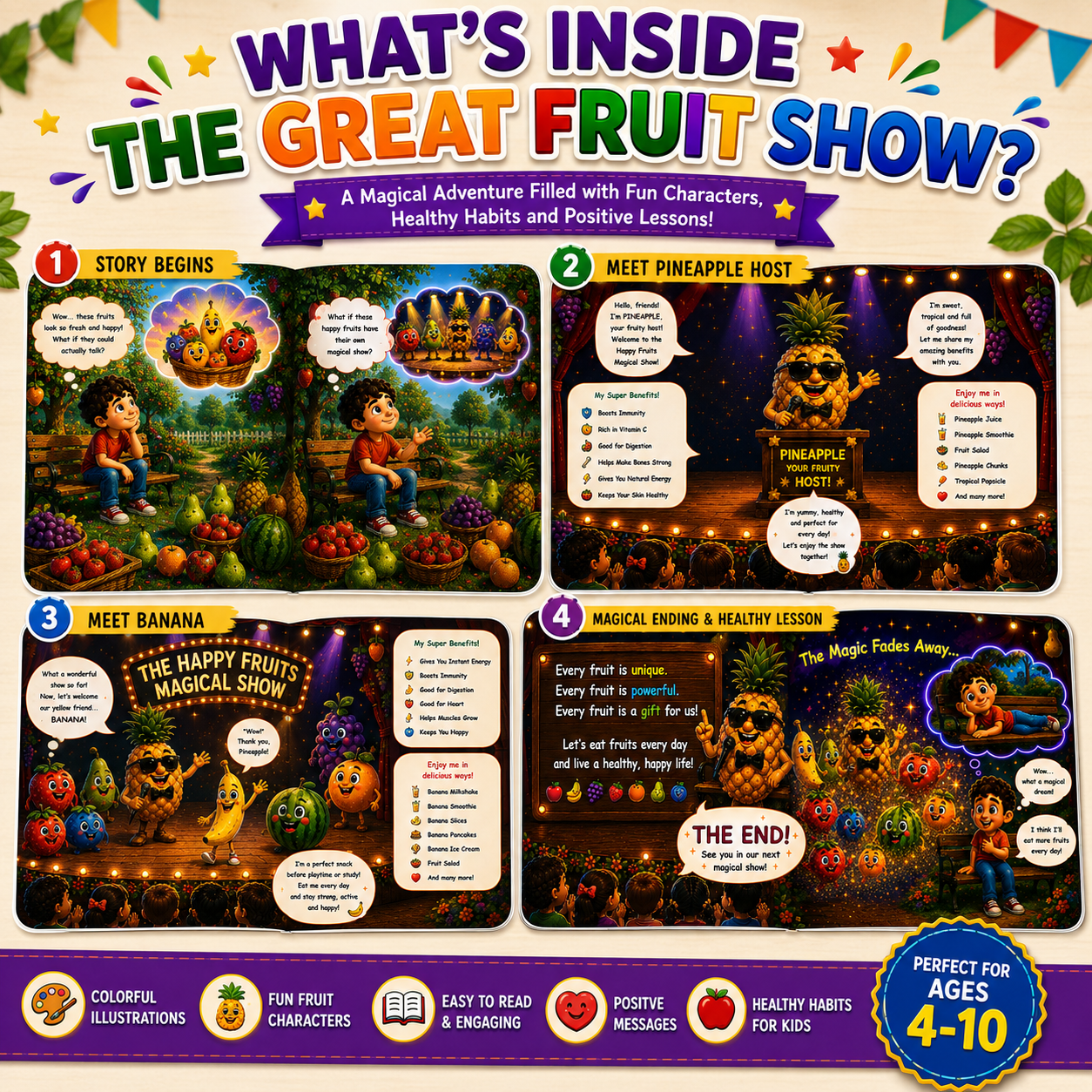 The Great Fruit Show printable storybook preview pages showing colorful educational activities, healthy fruit adventures, and engaging learning content for children