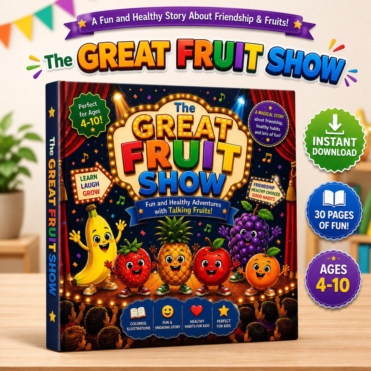 The Great Fruit Show printable educational storybook PDF for kids ages 4 to 10 teaching healthy eating habits through fun fruit adventures