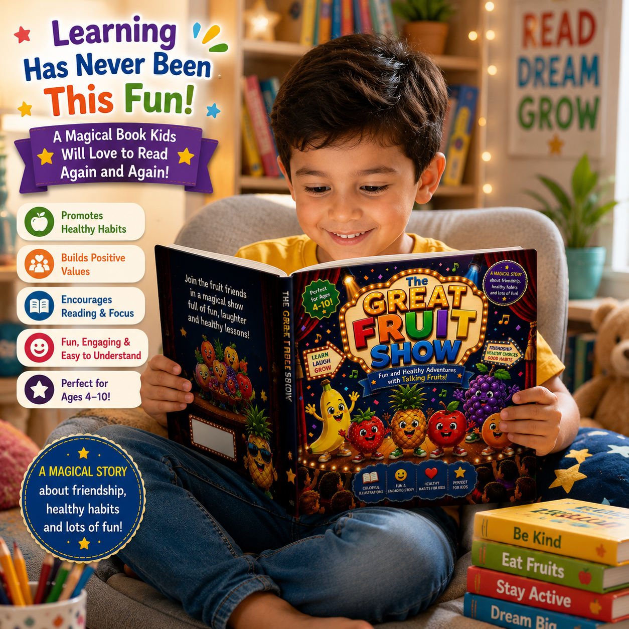 Child reading The Great Fruit Show educational storybook featuring healthy eating lessons and colorful fruit characters for kids ages 4 to 10
