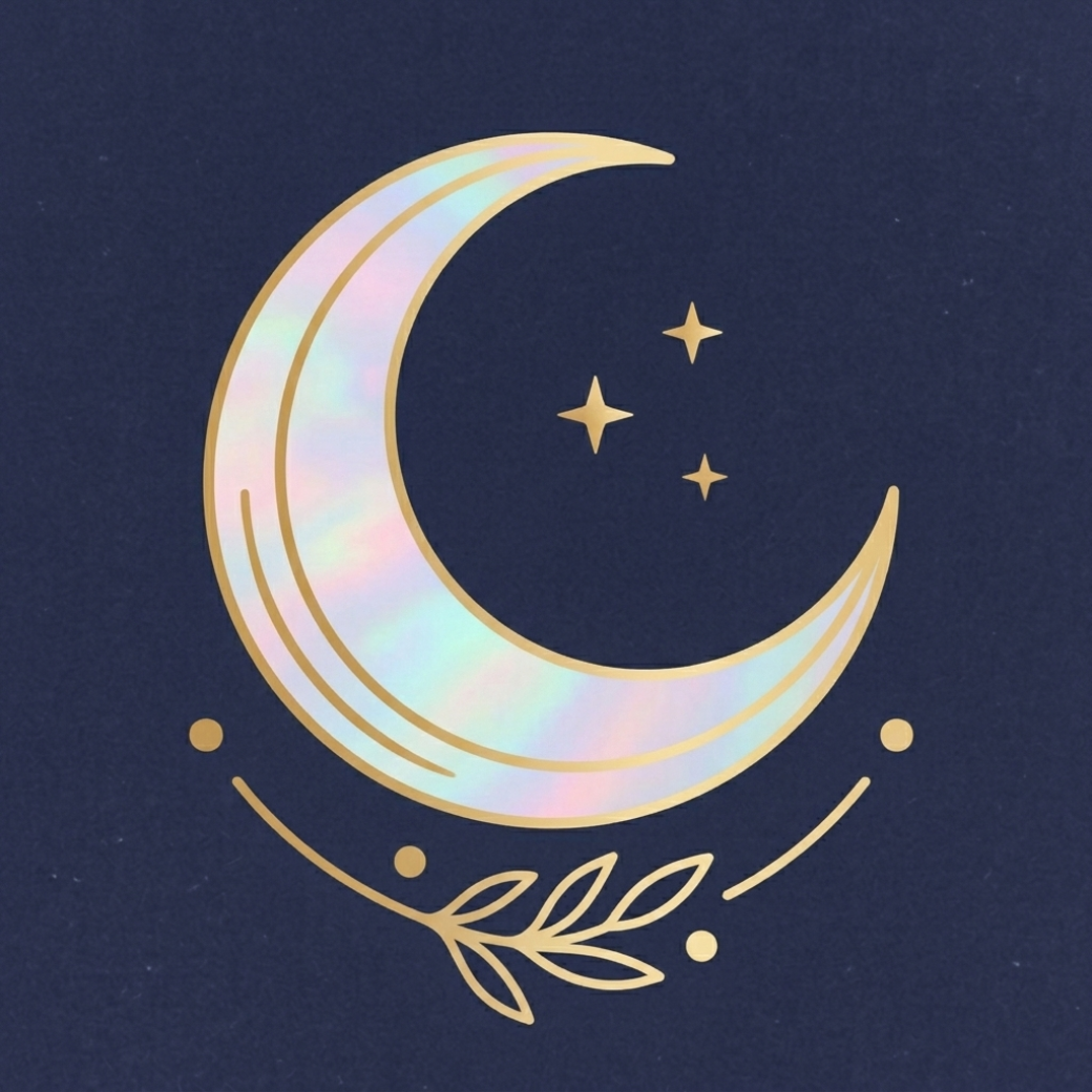 Opal Arc Studio crescent moon logo with stars on a deep navy background