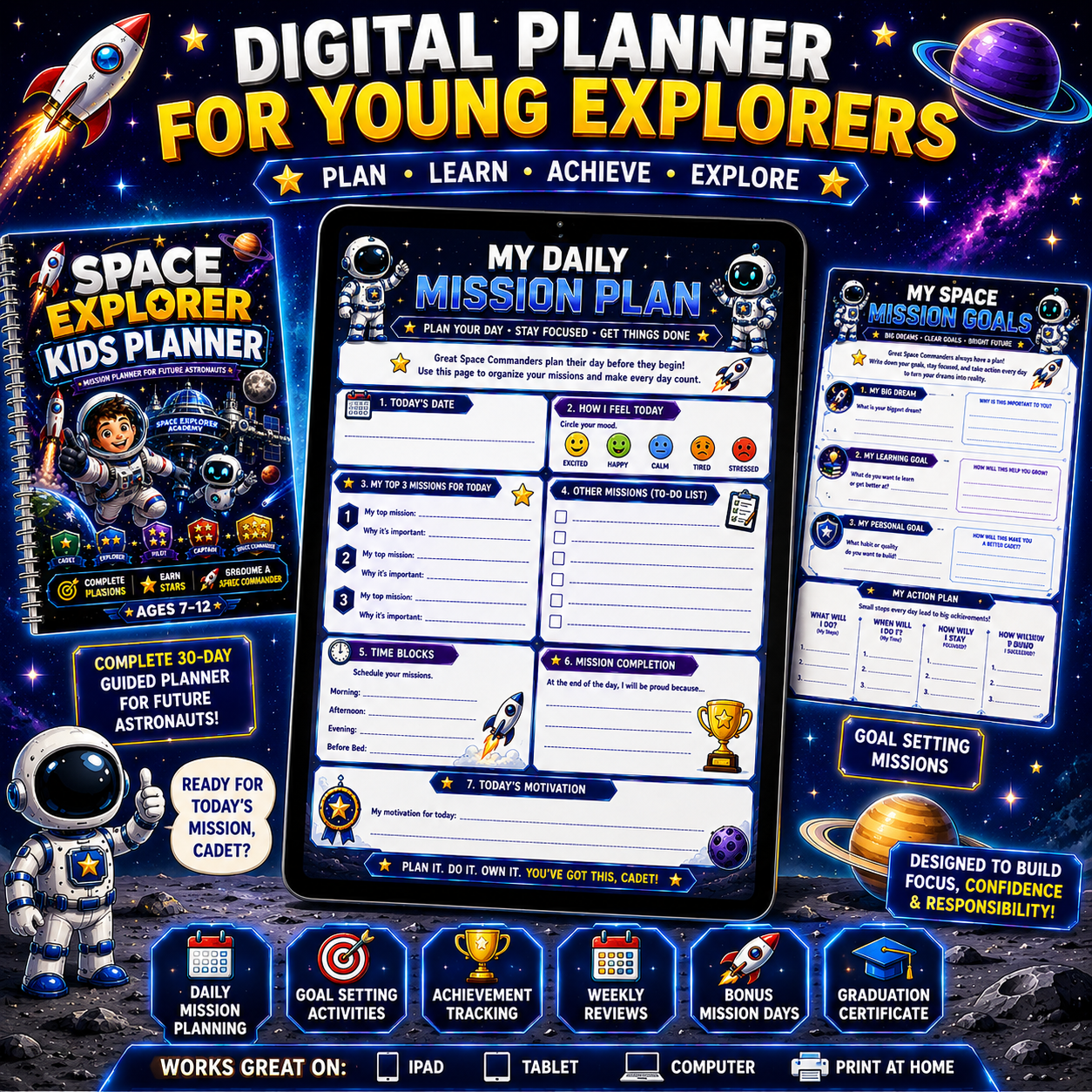 Space Explorer Kids Planner sample pages featuring daily planner, weekly planner, achievement tracker, and space-themed motivational activities for children