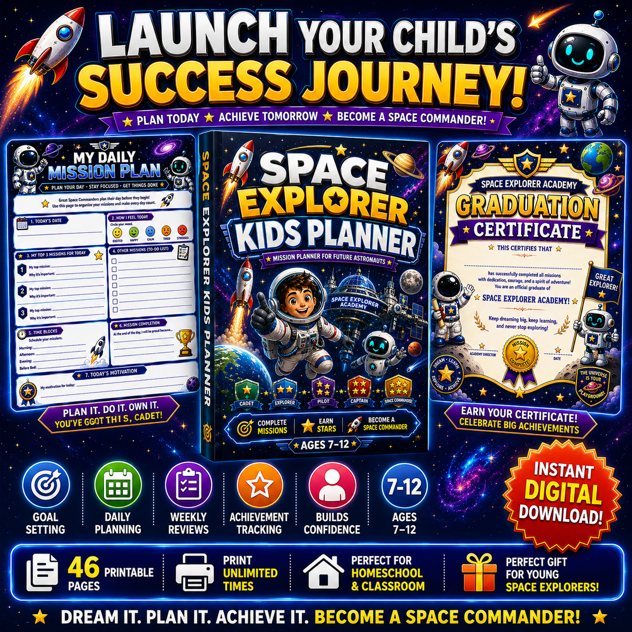 Space Explorer Kids Planner printable planner pages featuring daily missions, achievement tracking, and graduation certificate for kids ages 7 to 12Explorer Kids Planner preview pages showing daily planner, weekly planner, habit tracker, goal setting, and
