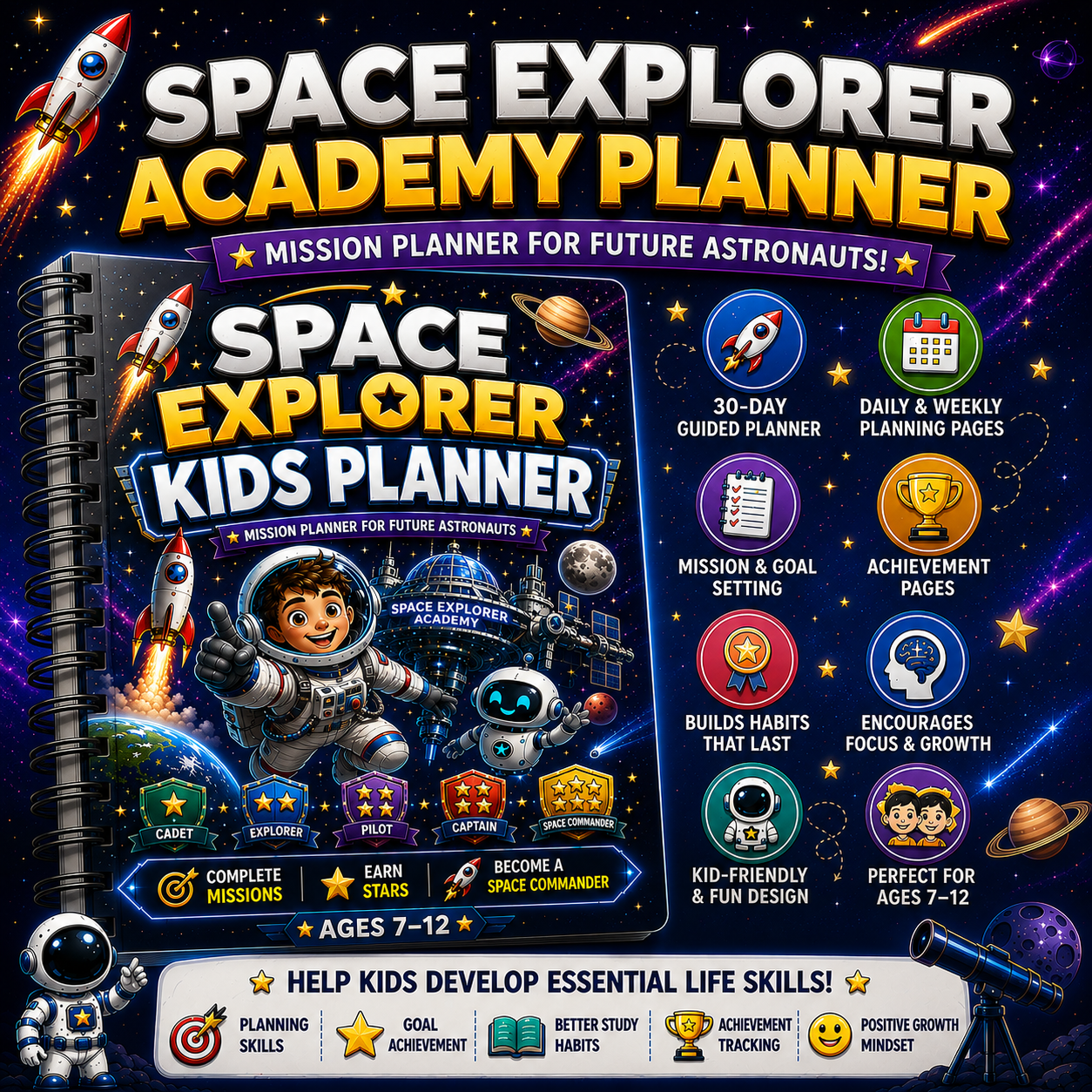Space Explorer Kids Planner printable planner PDF for ages 7 to 12 featuring daily planning, goal setting, habit tracking, and astronaut-themed activities