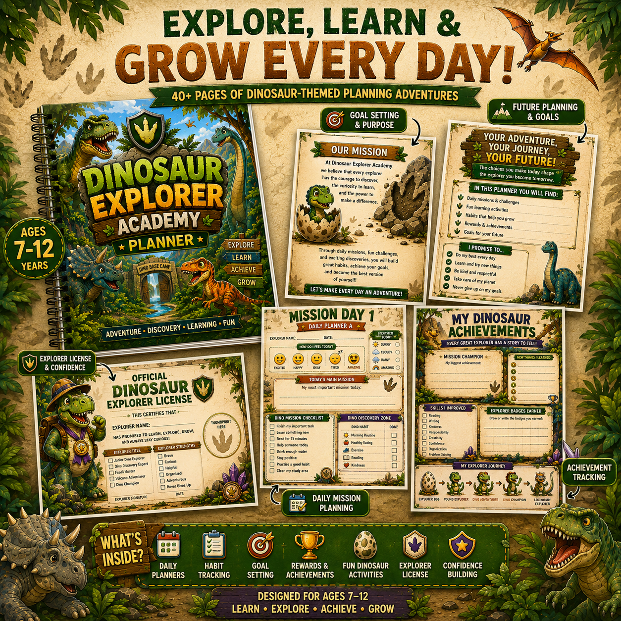 Dinosaur Explorer Academy Planner sample pages featuring daily planner, weekly planner, habit tracker, and motivational activities for children