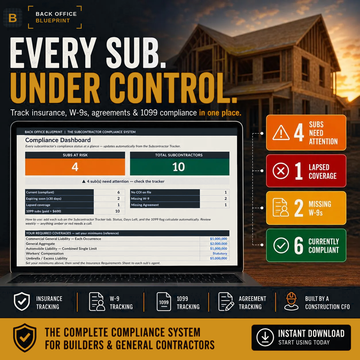 Subcontractor Compliance System by Back Office Blueprint — track COI, W-9, agreements and 1099 compliance for every sub in one place