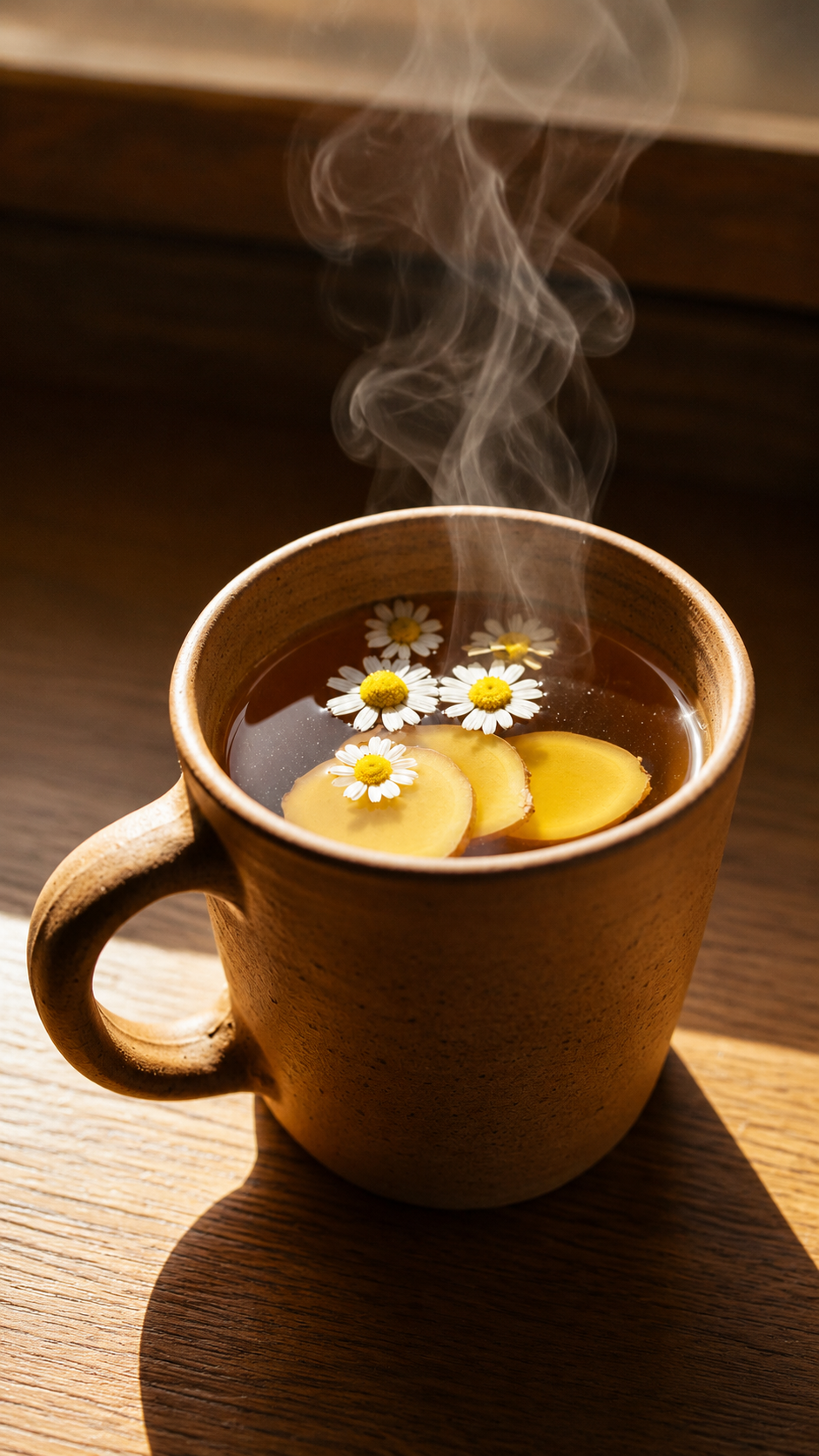 Bloating Ginger Tea with Chamomile and ginger slices for digestive relief