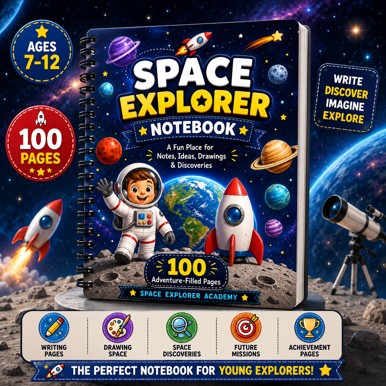 Space Explorer Notebook printable kids notebook PDF for ages 7 to 12 featuring space-themed writing pages, creative activities, and educational learning sections