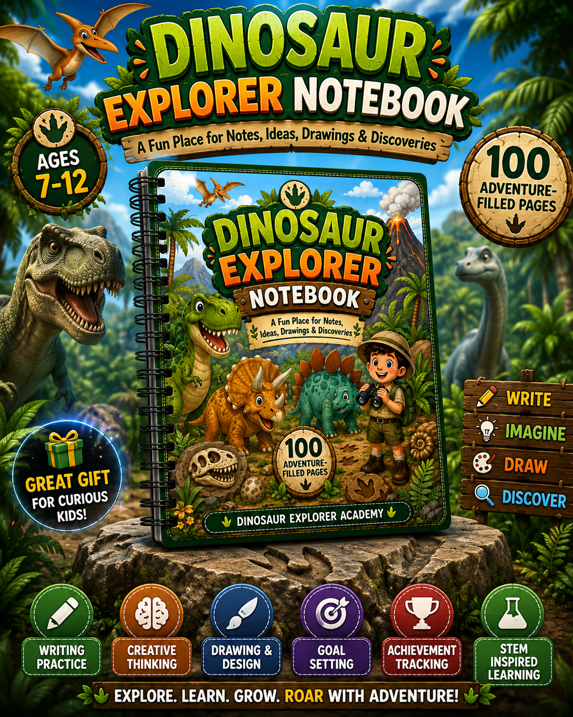 Dinosaur Explorer Notebook printable kids notebook PDF for ages 7 to 12 featuring dinosaur-themed writing pages, creative activities, and educational learning sections