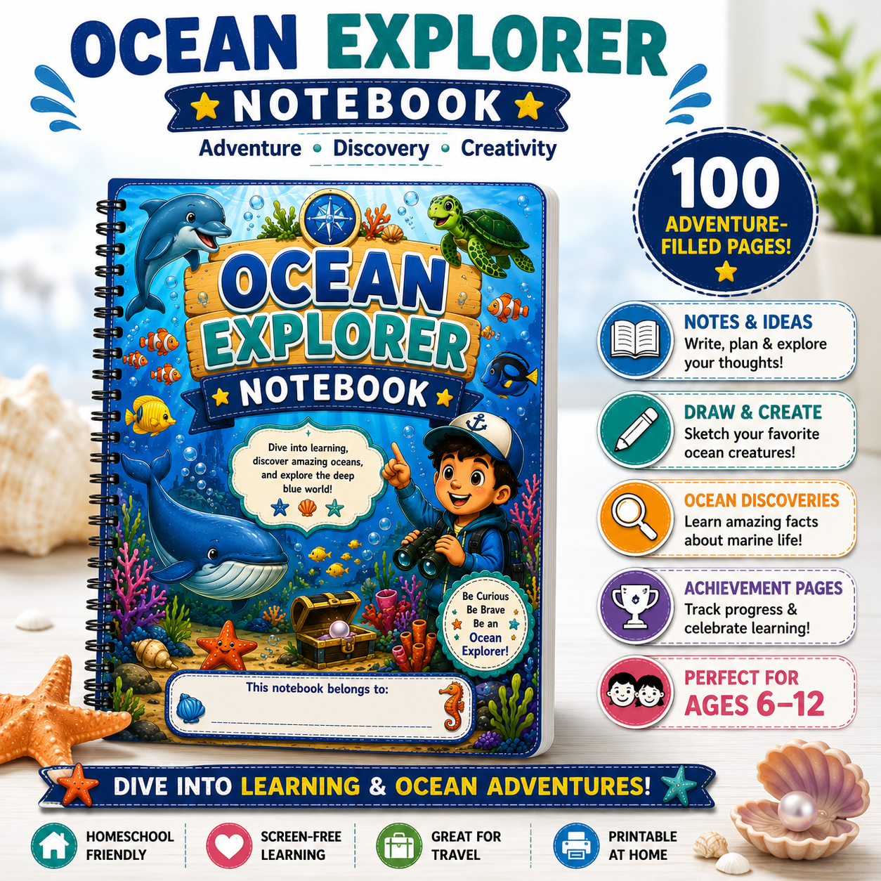 Ocean Explorer Notebook printable kids notebook PDF for ages 7 to 12 featuring ocean-themed writing pages, creativity activities, drawing sections, and educational learning resources